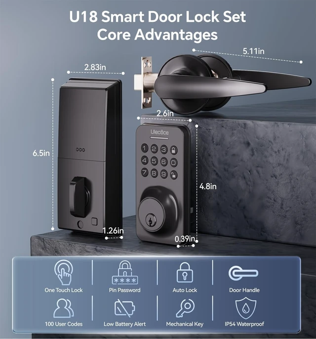 Alt view image 5 of 7 - U18L Keyless Entry Door Lock with Handle Set, Matte Black | Electronic Deadbolt for Front Door, Auto Lock, One-Touch Lock, 100+ Codes, 3 Keys, Anti-Peep Code, IP54 Waterproof