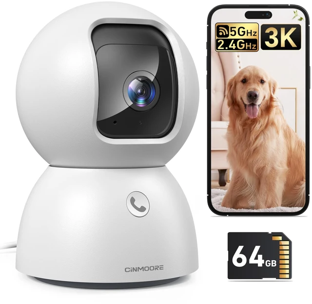 Main image of Smart 3K Indoor Dome Security Camera with AI Human/Pet/Facial Detection, 360 Pan-Tilt Coverage, 2-Way Audio, 2.4GHz 5GHz Dual-Band Wi-Fi - Includes 64GB SD Card & No Subscription Needed