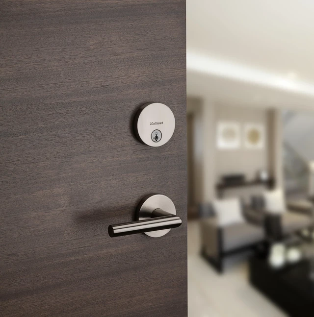 Alt view image 3 of 7 - Uptown Deadbolt Lock, Satin Nickel Round Exterior Keyed Front Entry Door, Pick Resistant SmartKey Rekey Security, Single Cylinder Dead Bolt, with Microban Protection