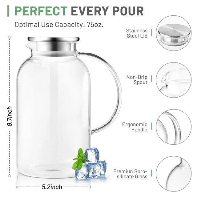 Alt view image 3 of 7 - 2.2 Liter 75oz Glass Pitcher with Lid, Easy Clean Heat Resistant Glass Water Carafe with Handle for Hot/Cold Beverages - Water, Cold Brew, Iced Tea & Juice, 1 Long-Handled Brush Included