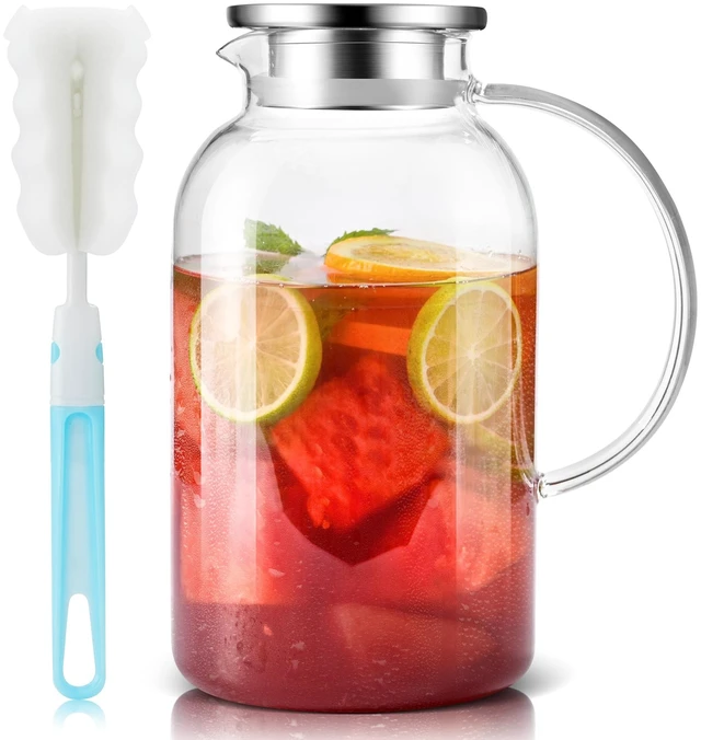 Main image of 2.2 Liter 75oz Glass Pitcher with Lid, Easy Clean Heat Resistant Glass Water Carafe with Handle for Hot/Cold Beverages - Water, Cold Brew, Iced Tea & Juice, 1 Long-Handled Brush Included