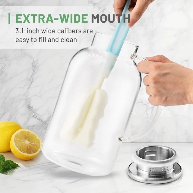 Alt view image 5 of 7 - 2.2 Liter 75oz Glass Pitcher with Lid, Easy Clean Heat Resistant Glass Water Carafe with Handle for Hot/Cold Beverages - Water, Cold Brew, Iced Tea & Juice, 1 Long-Handled Brush Included