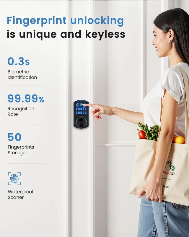 Alt view image 2 of 7 - Door Knob with Keypad Fingerprint Entry Door Lock Biometrics | 50 Fingerprints 0.3S High Sensitivity 20 User codes Vacation One-time Passage Mode Anti-peep Key Backup Fits Standard US Door