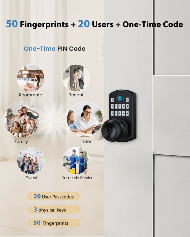 Alt view image 4 of 7 - Door Knob with Keypad Fingerprint Entry Door Lock Biometrics | 50 Fingerprints 0.3S High Sensitivity 20 User codes Vacation One-time Passage Mode Anti-peep Key Backup Fits Standard US Door