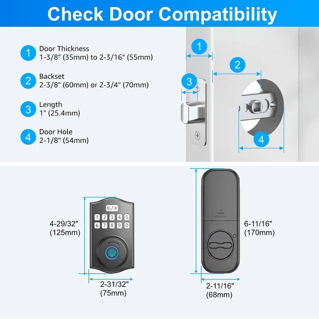 Alt view image 5 of 7 - Built-in WiFi Smart Lock, Keyless Entry Door Lock for Front Door, Fingerprint Keypad Deadbolt, App Remote Control, No Hub Needed, 6 Backup Keys, Ideal for Home & Rental