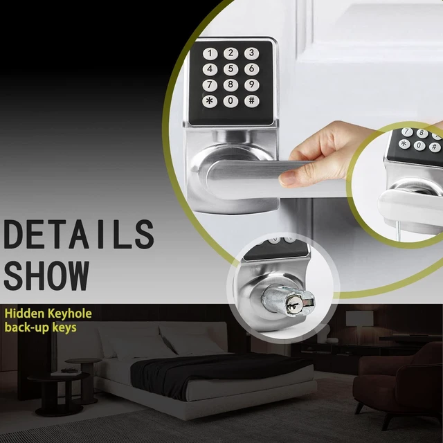 Alt view image 4 of 5 - Keyless Entry Door Lock, Electronic Keypad Lock with Handle, Digital Lock with Keypads, IC Card and Key, Easy Installation for Home, Hotel, Satin Nickel