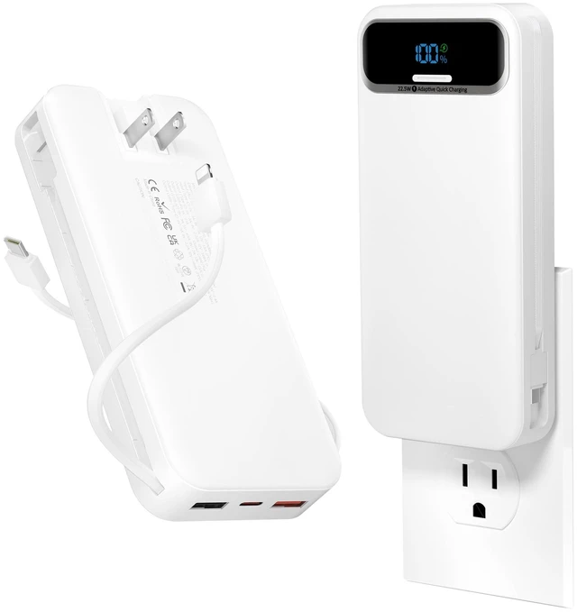 Main image of Portable Charger 20000mAh with Built-in Cables&AC Wall Plug, White | PD20W Fast Charging,Travel Essential,TSA Approved,LED Display,All in One USB C Power Bank for All Cell Phones Devices