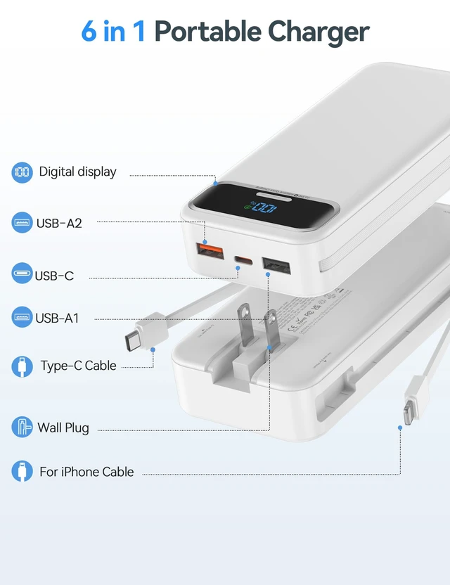 Alt view image 2 of 7 - Portable Charger 20000mAh with Built-in Cables&AC Wall Plug, White | PD20W Fast Charging,Travel Essential,TSA Approved,LED Display,All in One USB C Power Bank for All Cell Phones Devices