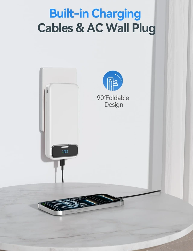 Alt view image 4 of 7 - Portable Charger 20000mAh with Built-in Cables&AC Wall Plug, White | PD20W Fast Charging,Travel Essential,TSA Approved,LED Display,All in One USB C Power Bank for All Cell Phones Devices