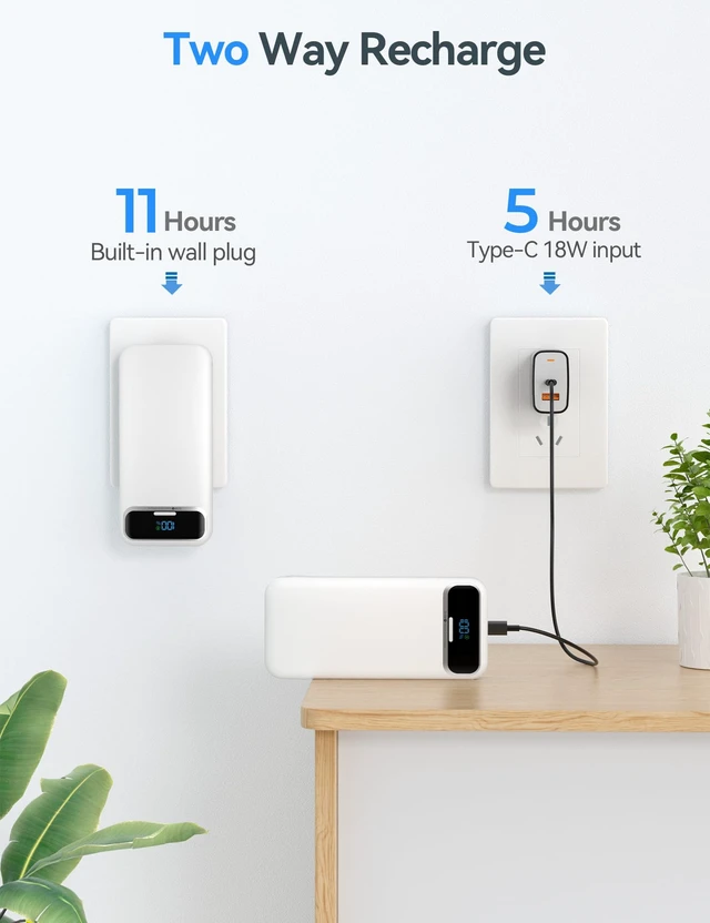 Alt view image 7 of 7 - Portable Charger 20000mAh with Built-in Cables&AC Wall Plug, White | PD20W Fast Charging,Travel Essential,TSA Approved,LED Display,All in One USB C Power Bank for All Cell Phones Devices