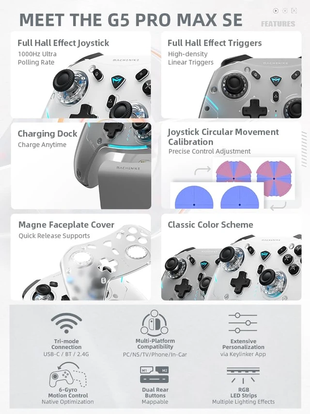 Alt view image 2 of 7 - G5PRO Max SE 1000HZ Wireless Gaming Controller for NS/PC/iOS/Android with Charging Dock,PC Controller Hall Effect Joystick/Triggers/Gyroscope,RGB Backlight, White