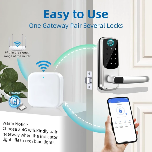 Alt view image 3 of 6 - Smart G2 WiFi Gateway,Fingerprint Keyless Entry Door Lock & TT Lock App Bluetooth Remotely Control, Smart Door Lock WiFi Hub Compatible with Voice Control Alexa
