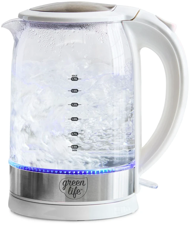 Main image of 1.7 Liter Electric Glass Kettle, White | Glass Body, Auto Shutoff, Thermal Shock Resistant, Quick Heating, Easy One Touch Use, Cordless Serving, LED Base, Coffee/ Tea