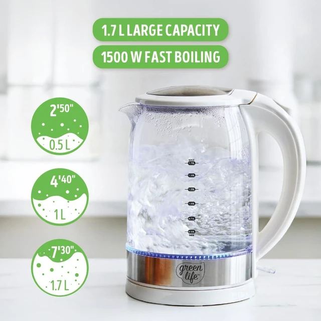 Alt view image 3 of 6 - 1.7 Liter Electric Glass Kettle, White | Glass Body, Auto Shutoff, Thermal Shock Resistant, Quick Heating, Easy One Touch Use, Cordless Serving, LED Base, Coffee/ Tea