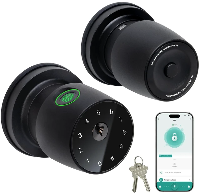 Main image of 4-in-1 Smart Fingerprint Door Knob with App and Keypad, Matte Black | Keyless Entry Door Lock With Key, One-tap Privacy Mode Setup, Auto-Lock, Easy to Install for Bedroom, Interior, Front Door
