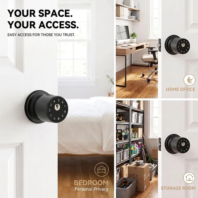 Alt view image 5 of 7 - 4-in-1 Smart Fingerprint Door Knob with App and Keypad, Matte Black | Keyless Entry Door Lock With Key, One-tap Privacy Mode Setup, Auto-Lock, Easy to Install for Bedroom, Interior, Front Door