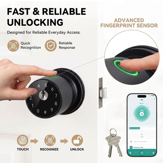 Alt view image 2 of 7 - 4-in-1 Smart Fingerprint Door Knob with App and Keypad, Matte Black | Keyless Entry Door Lock With Key, One-tap Privacy Mode Setup, Auto-Lock, Easy to Install for Bedroom, Interior, Front Door