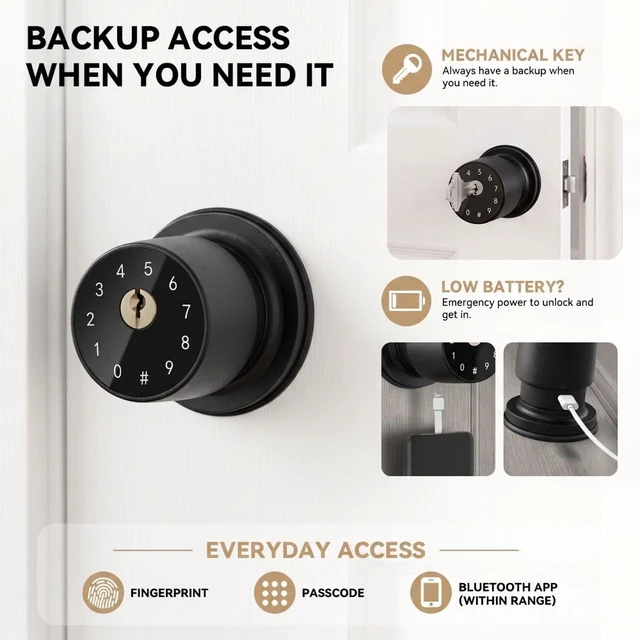 Alt view image 3 of 7 - 4-in-1 Smart Fingerprint Door Knob with App and Keypad, Matte Black | Keyless Entry Door Lock With Key, One-tap Privacy Mode Setup, Auto-Lock, Easy to Install for Bedroom, Interior, Front Door