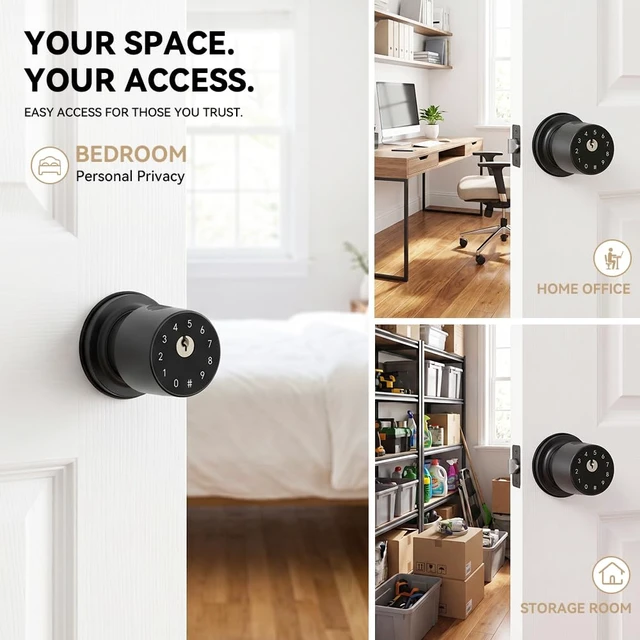 Alt view image 7 of 7 - 4-in-1 Smart Fingerprint Door Knob with App and Keypad, Matte Black | Keyless Entry Door Lock With Key, One-tap Privacy Mode Setup, Auto-Lock, Easy to Install for Bedroom, Interior, Front Door