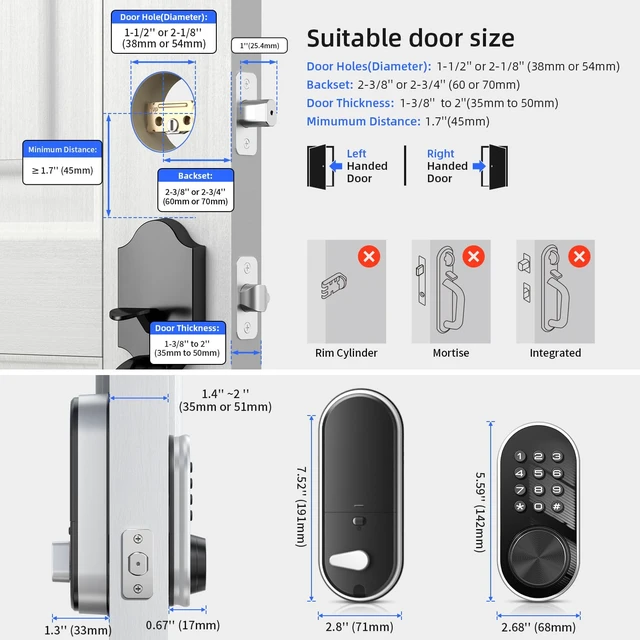 Alt view image 7 of 7 - TE341 Smart Keyless Entry Door Lock with App Control, Digital Keypad Bluetooth Electronic Deadbolt with Auto Lock, Easy Installation - Silver
