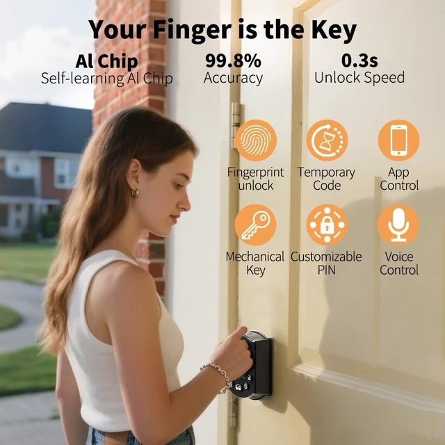Alt view image 2 of 7 - Smart Front Door Lock with Fingerprint & Keypad, Black | Built-in WiFi Enables Remote App Access, Temporary Codes, Auto Locking, and Voice Control with Alexa and Google