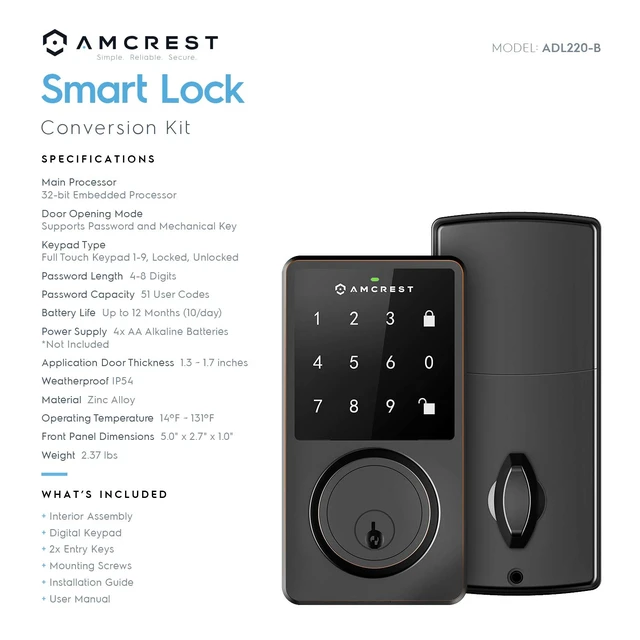 Alt view image 4 of 6 - Keyless Entry Door Lock Deadbolt, Digital Door Locks with Keypads, Smart Lock, Electronic Keypad Door Knob Cylinder Deadbolt, Automatic Locking, Heavy Duty Commercial Grade ADL220-B