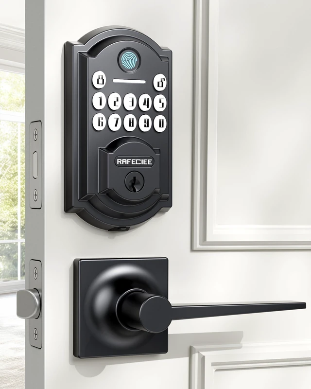 Main image of Front Door Lock Set Keyless Entry with 2 Lever Handles, Keyless Entry Door Lock Deadbolt with Handle Set, Fingerprint & Digital Keypad Deadbolt for Front Door, Matte Black