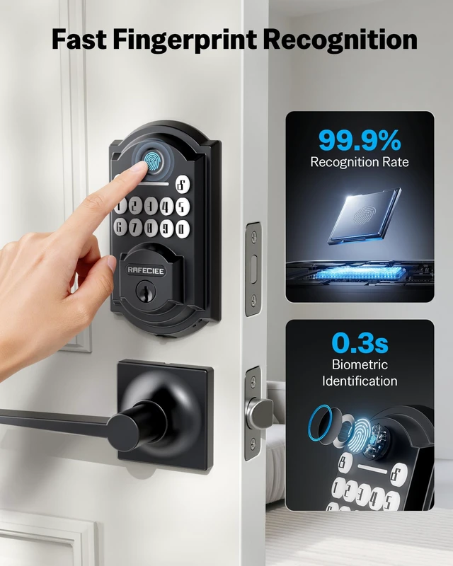 Alt view image 3 of 7 - Front Door Lock Set Keyless Entry with 2 Lever Handles, Keyless Entry Door Lock Deadbolt with Handle Set, Fingerprint & Digital Keypad Deadbolt for Front Door, Matte Black