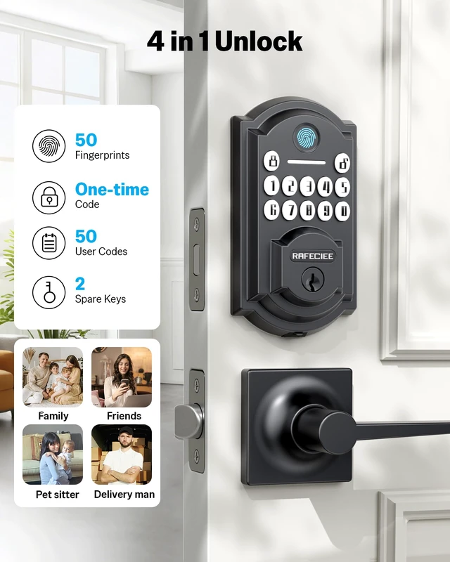 Alt view image 2 of 7 - Front Door Lock Set Keyless Entry with 2 Lever Handles, Keyless Entry Door Lock Deadbolt with Handle Set, Fingerprint & Digital Keypad Deadbolt for Front Door, Matte Black