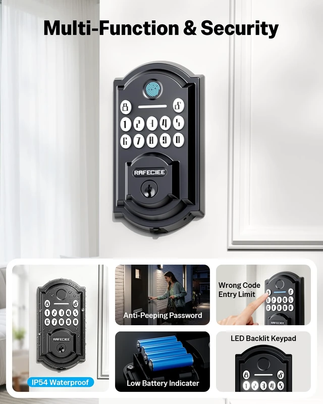 Alt view image 7 of 7 - Front Door Lock Set Keyless Entry with 2 Lever Handles, Keyless Entry Door Lock Deadbolt with Handle Set, Fingerprint & Digital Keypad Deadbolt for Front Door, Matte Black