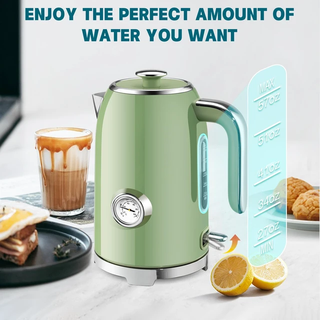 Alt view image 6 of 7 - 57oz Electric Kettle with Thermometer, Hot Water Pot, Retro Green | Electric Tea Kettle for Boiling Water, 1500W Stainless Steel Pot, Cordless LED Indicator, Auto Shut-Off & Boil Dry Protection