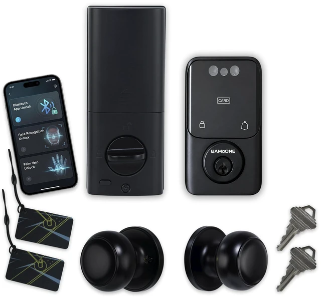 Main image of Smart Deadbolt & Passage Knob Set, Face & Palm Vein Recognition | Bluetooth Tuya App, Keypad Passcode, IC Card, Mechanical Key, Auto-Lock, USB Emergency Power, Matte Black