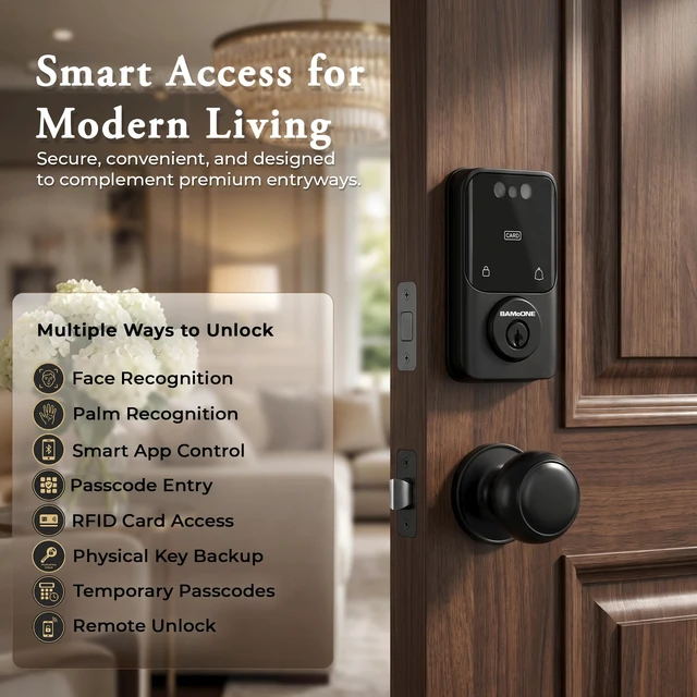 Alt view image 2 of 7 - Smart Deadbolt & Passage Knob Set, Face & Palm Vein Recognition | Bluetooth Tuya App, Keypad Passcode, IC Card, Mechanical Key, Auto-Lock, USB Emergency Power, Matte Black