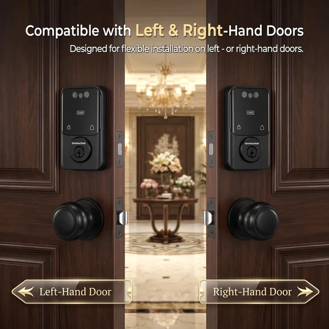 Alt view image 3 of 7 - Smart Deadbolt & Passage Knob Set, Face & Palm Vein Recognition | Bluetooth Tuya App, Keypad Passcode, IC Card, Mechanical Key, Auto-Lock, USB Emergency Power, Matte Black