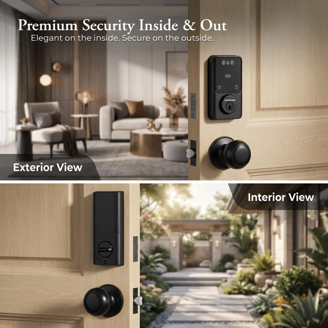 Alt view image 4 of 7 - Smart Deadbolt & Passage Knob Set, Face & Palm Vein Recognition | Bluetooth Tuya App, Keypad Passcode, IC Card, Mechanical Key, Auto-Lock, USB Emergency Power, Matte Black