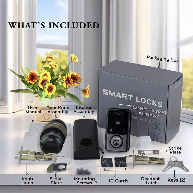 Alt view image 5 of 7 - Smart Deadbolt & Passage Knob Set, Face & Palm Vein Recognition | Bluetooth Tuya App, Keypad Passcode, IC Card, Mechanical Key, Auto-Lock, USB Emergency Power, Matte Black
