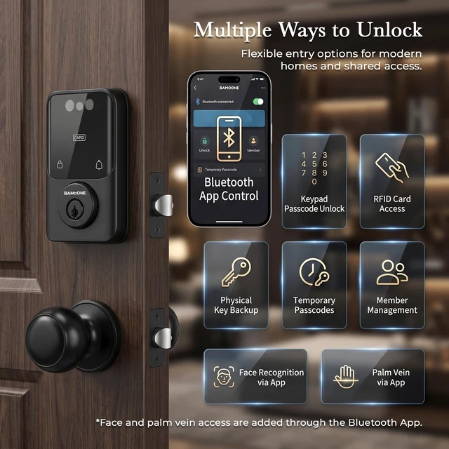Alt view image 6 of 7 - Smart Deadbolt & Passage Knob Set, Face & Palm Vein Recognition | Bluetooth Tuya App, Keypad Passcode, IC Card, Mechanical Key, Auto-Lock, USB Emergency Power, Matte Black