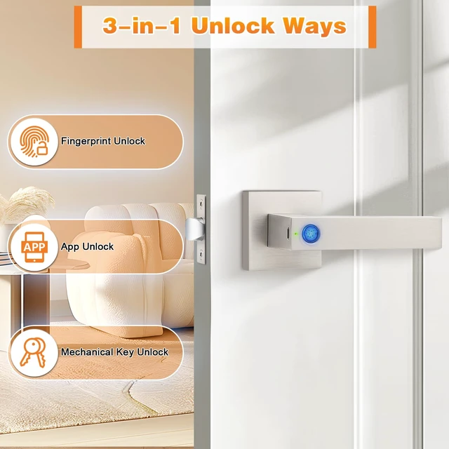 Alt view image 3 of 7 - Smart Lock Keyless Entry Door Lock with Handle, Satin Nickel Smart Locks for Front Door Fingerprint Door Handle for Bedroom Bathroom, Electronic Biometric Digital WiFi APP Control
