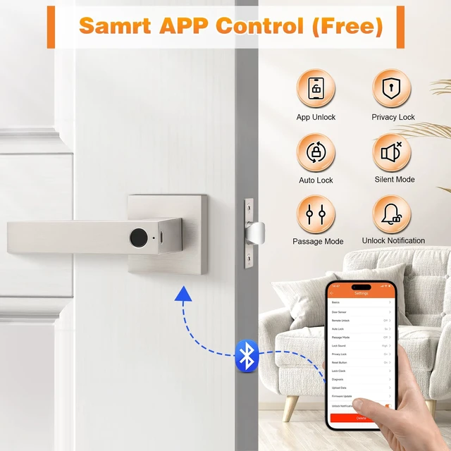 Alt view image 5 of 7 - Smart Lock Keyless Entry Door Lock with Handle, Satin Nickel Smart Locks for Front Door Fingerprint Door Handle for Bedroom Bathroom, Electronic Biometric Digital WiFi APP Control