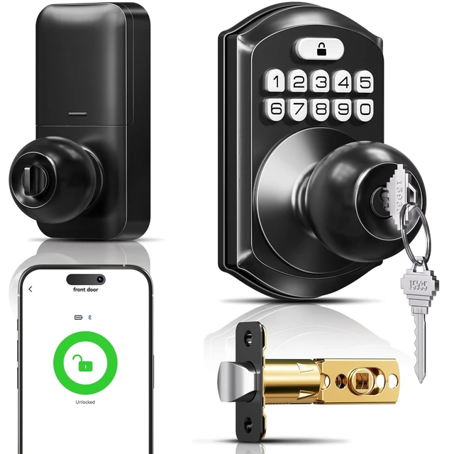 Main image of TE018 Smart Keypad Door Lock with Handle, App Control, Matte Black | Keyless Access for Front Rentals, App Control, Code Sharing, Auto Lock, ANSI Grade 3 Security, IP55 Waterproof, Easy Install