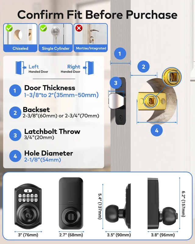 Alt view image 2 of 7 - TE018 Smart Keypad Door Lock with Handle, App Control, Matte Black | Keyless Access for Front Rentals, App Control, Code Sharing, Auto Lock, ANSI Grade 3 Security, IP55 Waterproof, Easy Install