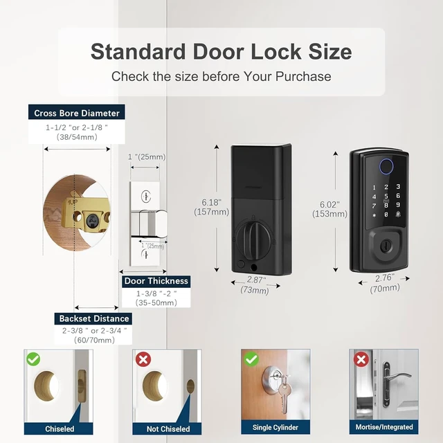 Alt view image 2 of 7 - Smart Deadbolt Door Lock Security Keyless EntryDoor Lock for Front Door | Fingerprint Lock, Touchscreen Keypad, Electronic Door Knob, WiFi App Remote Control, Auto-Lock