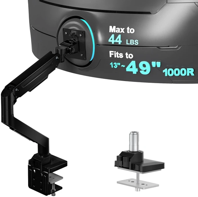 Main image of Heavy Duty Monitor Arm for 13-49 inch 1000R Curved Screen, up to 44lbs | Ultrawide Monitor Desk Mount, Full Motion with Tilt, Swivel, Rotation, C-Clamp/Grommet Base, VESA 75/100mm (GSM001XL), Black