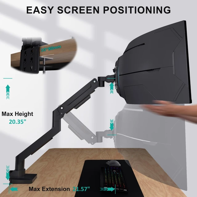 Alt view image 5 of 7 - Heavy Duty Monitor Arm for 13-49 inch 1000R Curved Screen, up to 44lbs | Ultrawide Monitor Desk Mount, Full Motion with Tilt, Swivel, Rotation, C-Clamp/Grommet Base, VESA 75/100mm (GSM001XL), Black