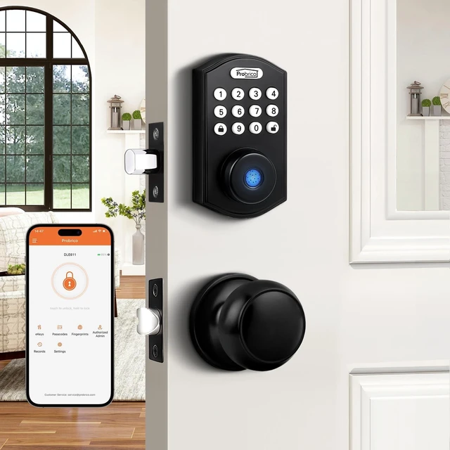 Main image of Smart Keyless Entry Door Lock with Knob Set, Fingerprint Digital Door Lock for Front Door, Door Knob with Electronic Keypad Deadbolt, Auto Lock, App, Black