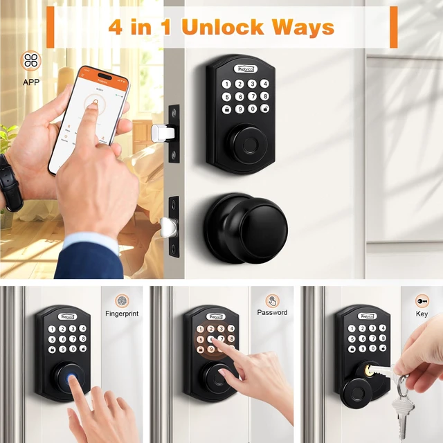 Alt view image 2 of 6 - Smart Keyless Entry Door Lock with Knob Set, Fingerprint Digital Door Lock for Front Door, Door Knob with Electronic Keypad Deadbolt, Auto Lock, App, Black