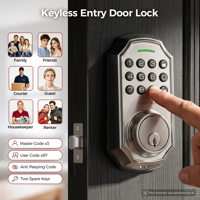 Alt view image 2 of 7 - Keyless Entry Door Lock for Front Door, Keypad Deadbolt Lock with Code, Electronic Door Lock with 2 Keys, Auto Lock, Easy Installation, Satin Nickel
