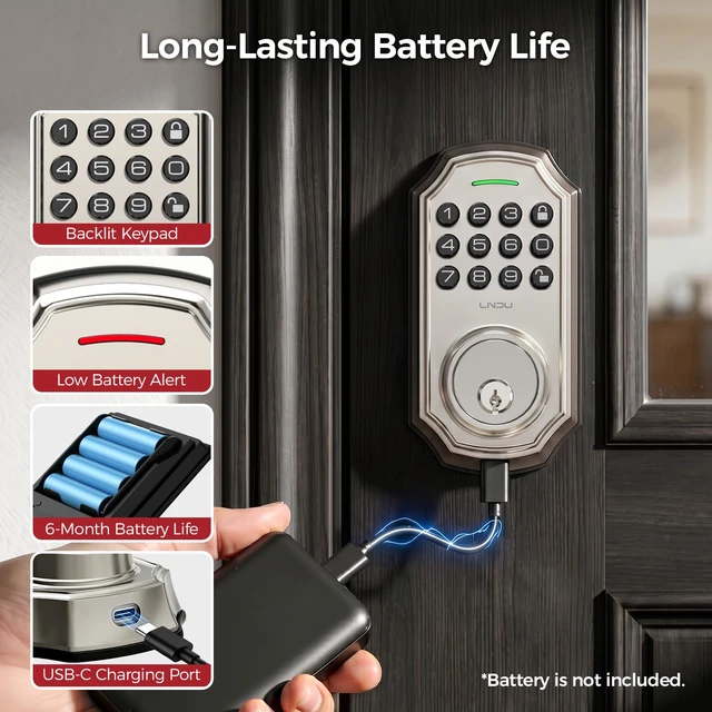 Alt view image 6 of 7 - Keyless Entry Door Lock for Front Door, Keypad Deadbolt Lock with Code, Electronic Door Lock with 2 Keys, Auto Lock, Easy Installation, Satin Nickel