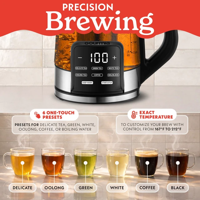Alt view image 2 of 7 - Electric Glass Kettle - 1.7L Capacity, Digital Display, Black | Tea & Coffee Brewer with Digital Touch Display, 6 Presets, Adjustable Time & Temperature, Removable Stainless Steel Infuser