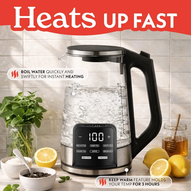 Alt view image 4 of 7 - Electric Glass Kettle - 1.7L Capacity, Digital Display, Black | Tea & Coffee Brewer with Digital Touch Display, 6 Presets, Adjustable Time & Temperature, Removable Stainless Steel Infuser